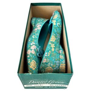 70s Daniel Green Floral Brocade Lotus Slipper Size 8 2A Ming Blue Whimsical NIB